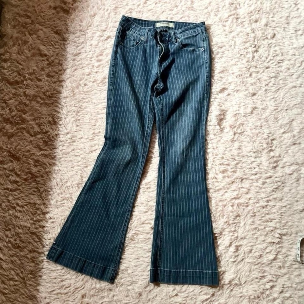 Rock & Roll 90s Retro Pinstripe Retro Wide Leg Bell Bottom Denim Jeans Womens 26